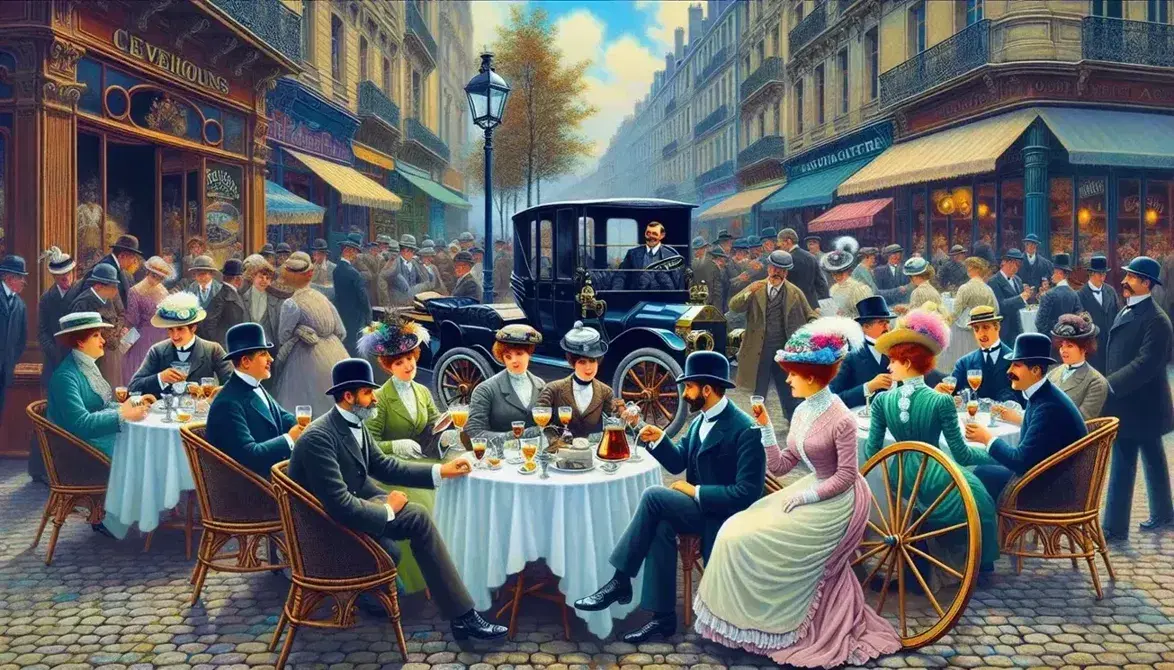 Scena di caffè all'aperto durante la Belle Époque con persone eleganti, auto d'epoca e bicicletta, in un'atmosfera vivace e prospera.