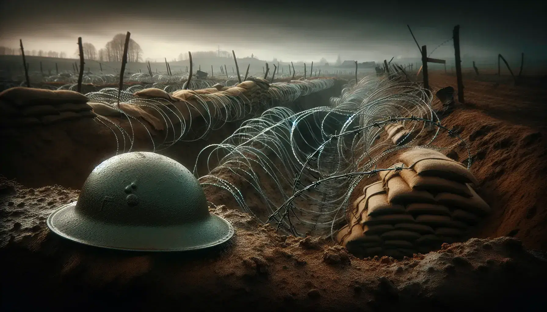 Casco militar de la Primera Guerra Mundial sobre suelo fangoso con alambre de púas y trincheras al fondo bajo un cielo nublado y árboles sin hojas.