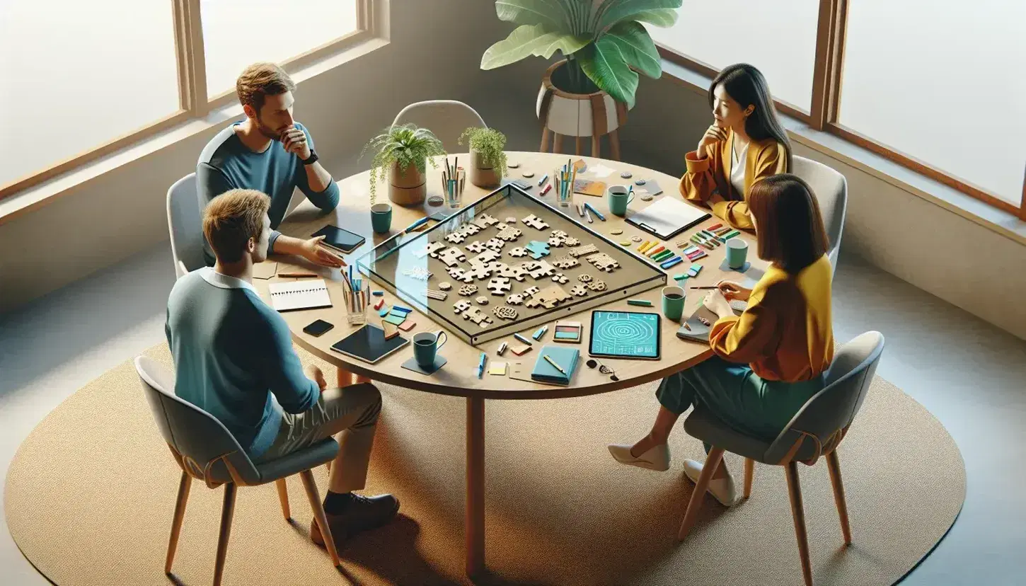 Four professionals in business casual clothes discuss around a round table with puzzles, glass board, tablet and colorful cups.