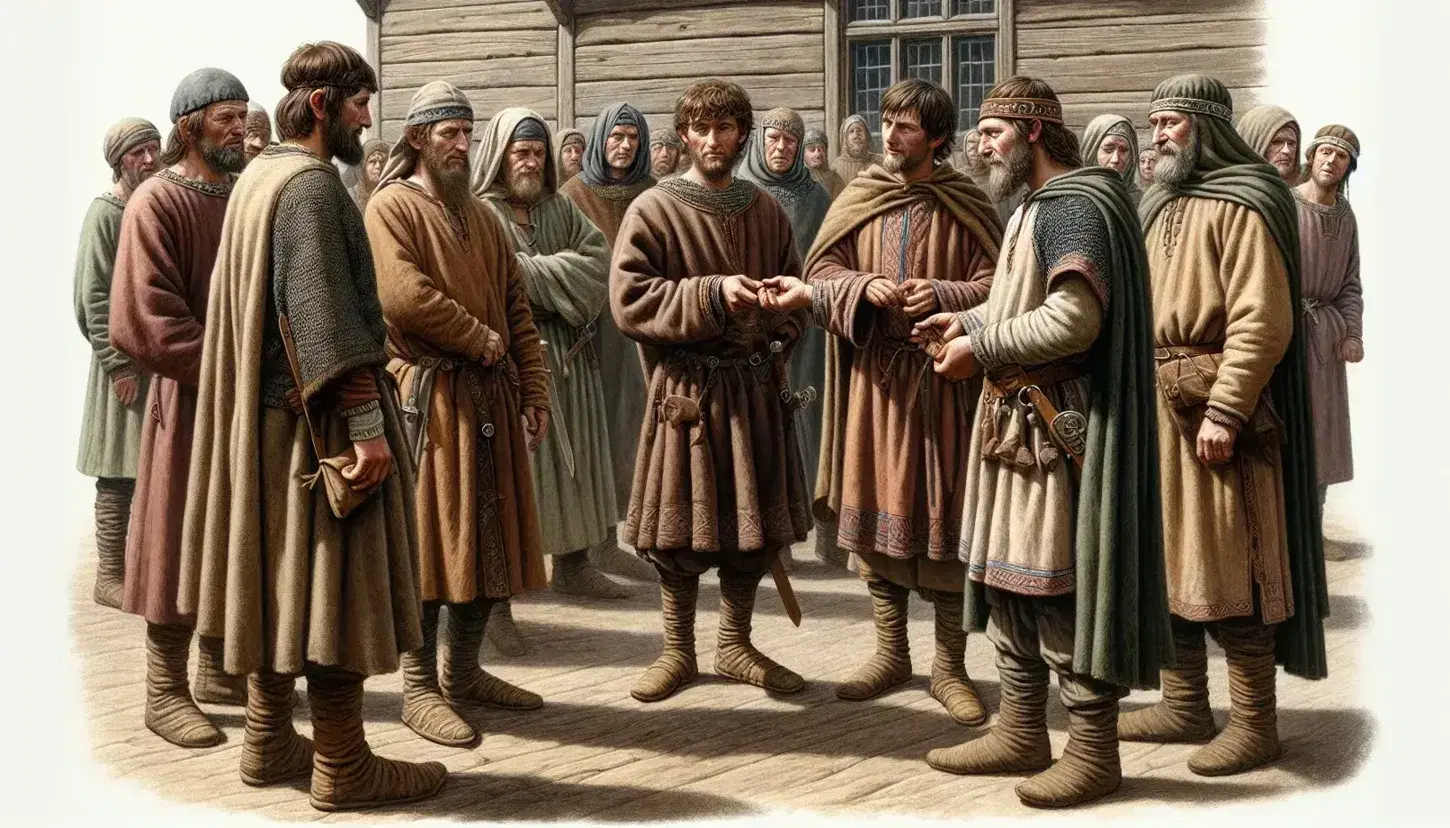 Anglo-Saxon reenactment with men in tunics and women in dresses, engaging in a solemn transaction, set against a thatched-roof dwelling and rural backdrop.