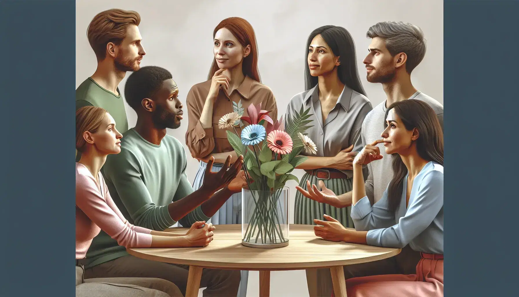 Gruppo multietnico discute attorno a tavolo rotondo con vaso di fiori colorati, in ambiente con libreria sfocata, luce naturale.