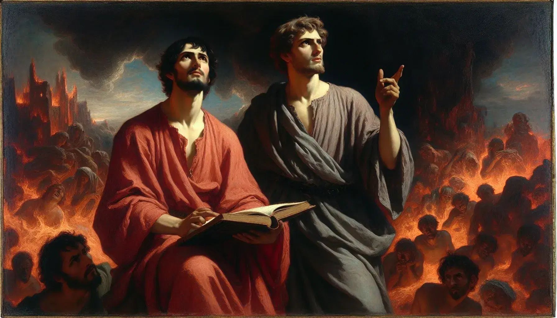 Riproduzione artistica di 'Dante e Virgilio all'Inferno' di Bouguereau con due figure in abiti d'epoca su sfondo infernale.