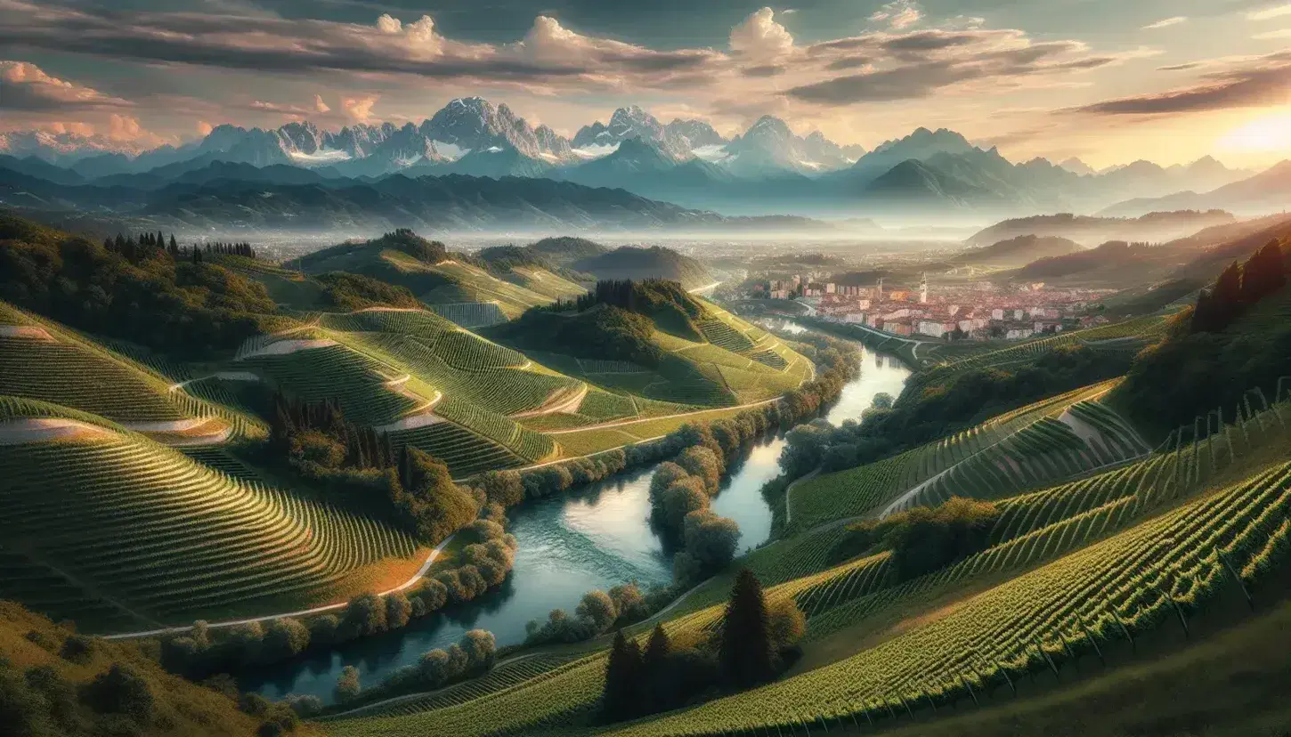 Vista panoramica delle colline verdi e vigneti del Friuli-Venezia Giulia con il fiume, la città e le Alpi Giulie sullo sfondo al tramonto.
