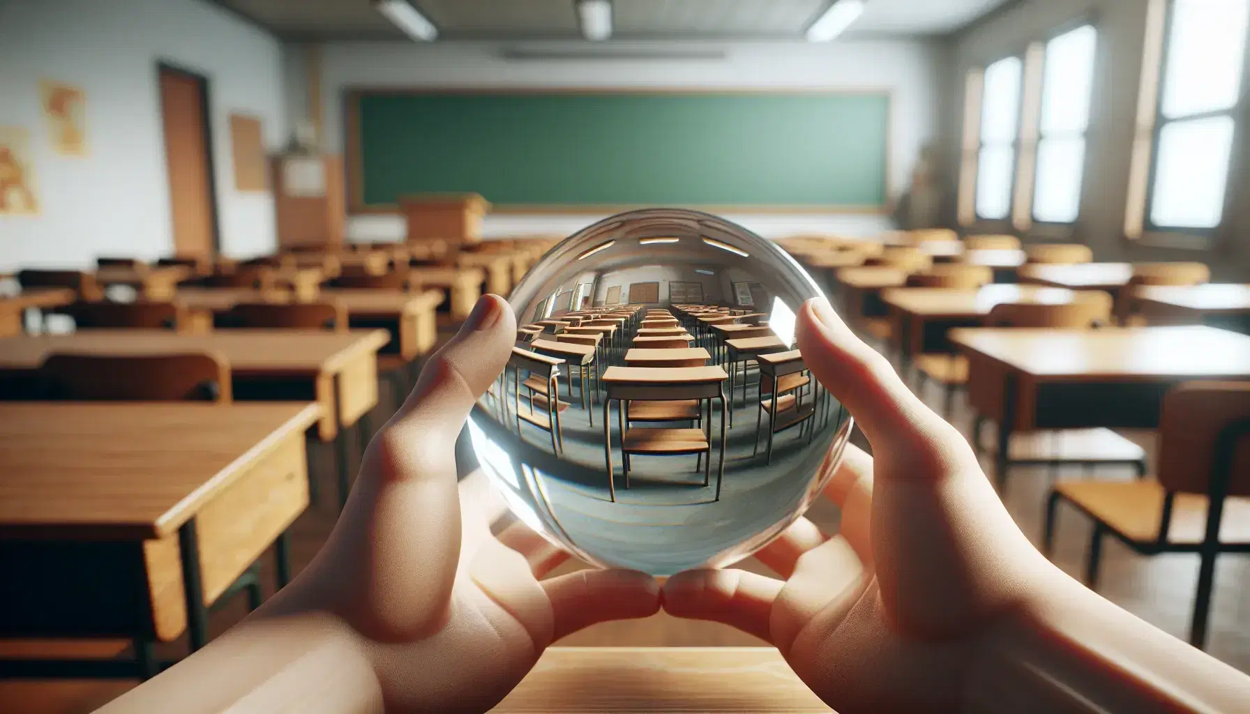 Hands cradle a clear glass sphere reflecting an empty classroom with wooden desks and a green chalkboard, highlighting the tranquility of an unoccupied educational setting.