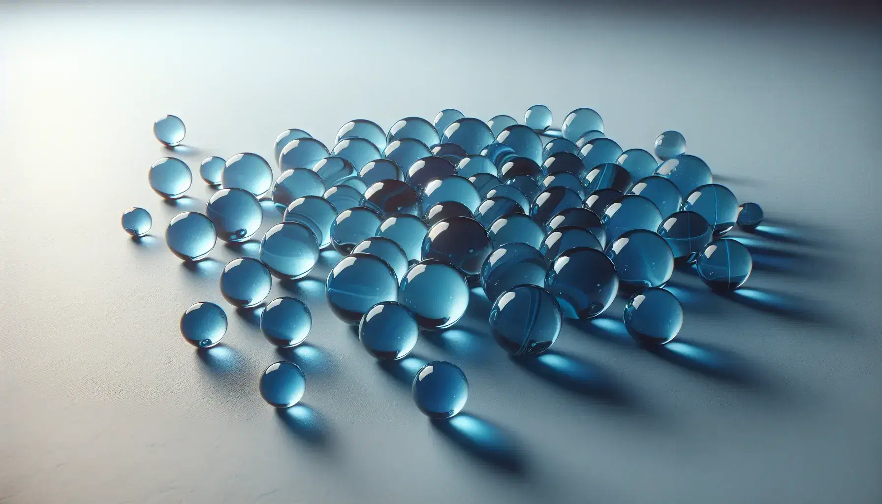Shiny blue glass marbles scattered on light gray surface with soft shadows, creating a visual effect similar to a Gaussian curve.
