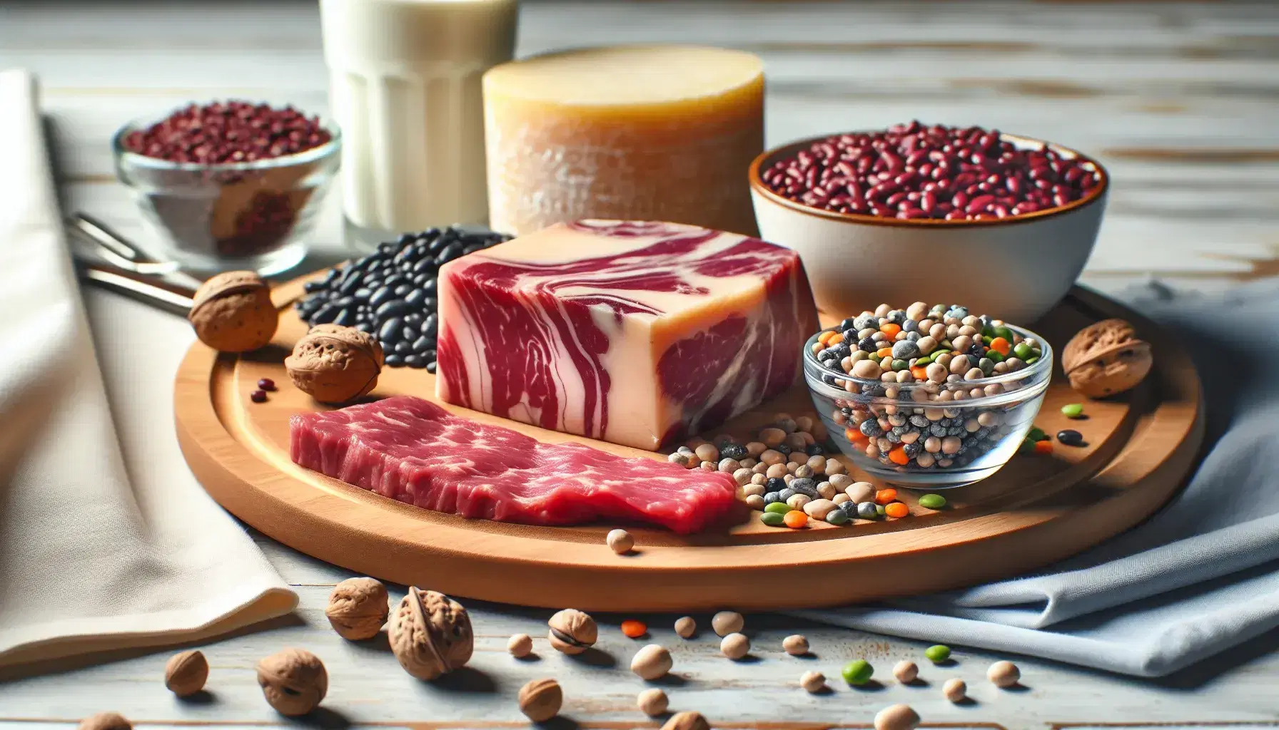 Alimenti ricchi di proteine su piano di legno chiaro: carne rossa, legumi variopinti, formaggio stagionato, latte, filetto di salmone, noci e mandorle, spinaci freschi.