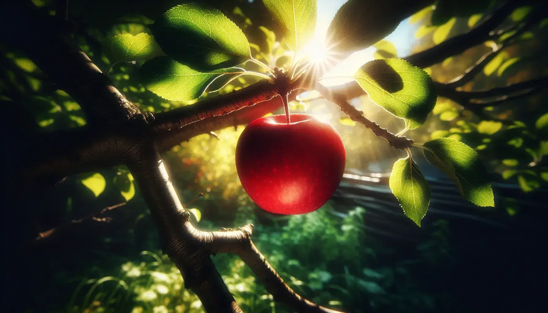 Manzana roja brillante a punto de caer de una rama, con hojas verdes y fondo desenfocado de vegetación en un día soleado.