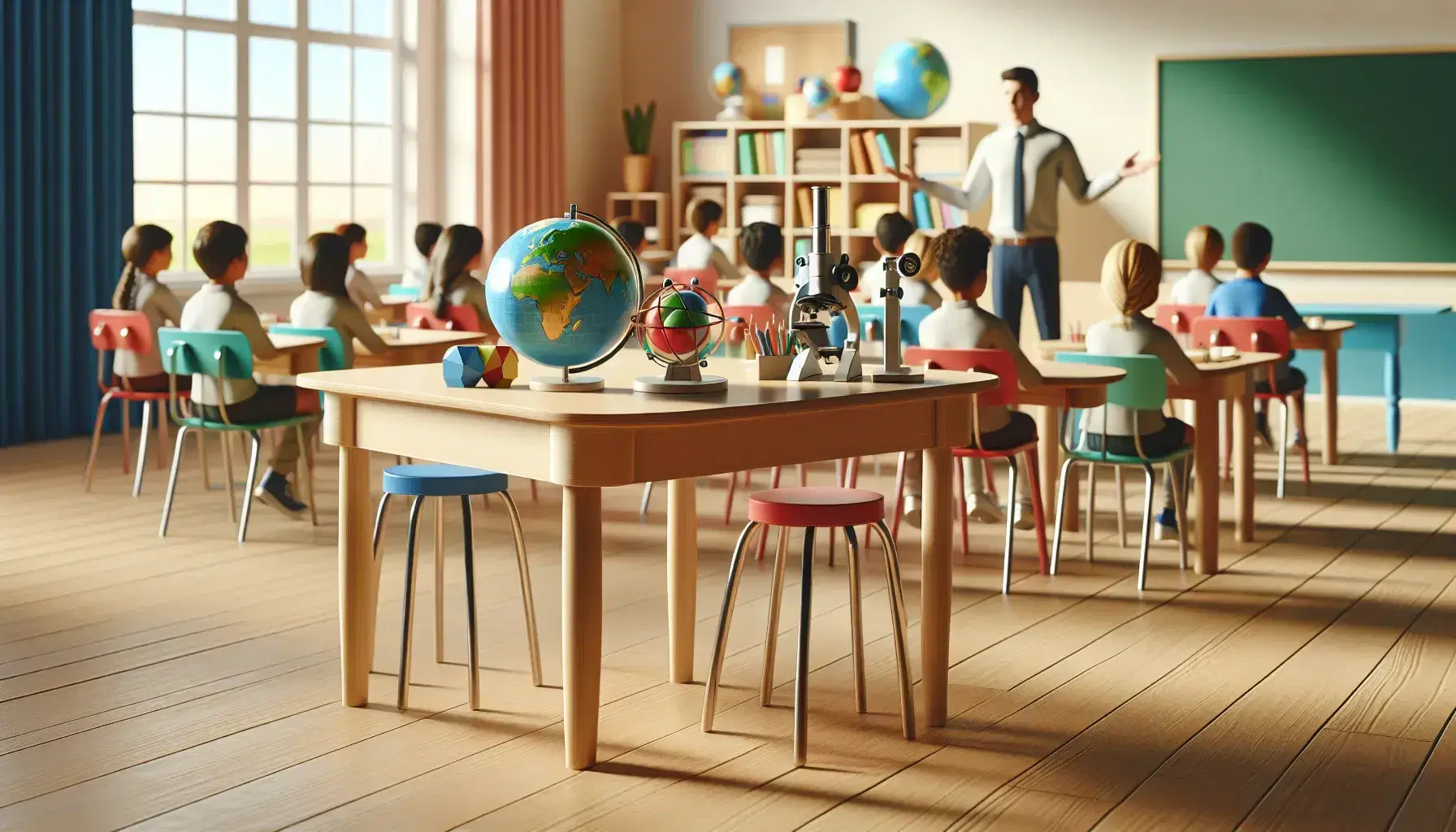Aula escolar colorida con estudiantes atentos y maestro explicando, mesa con globo terráqueo y figuras geométricas, ambiente iluminado por luz natural.
