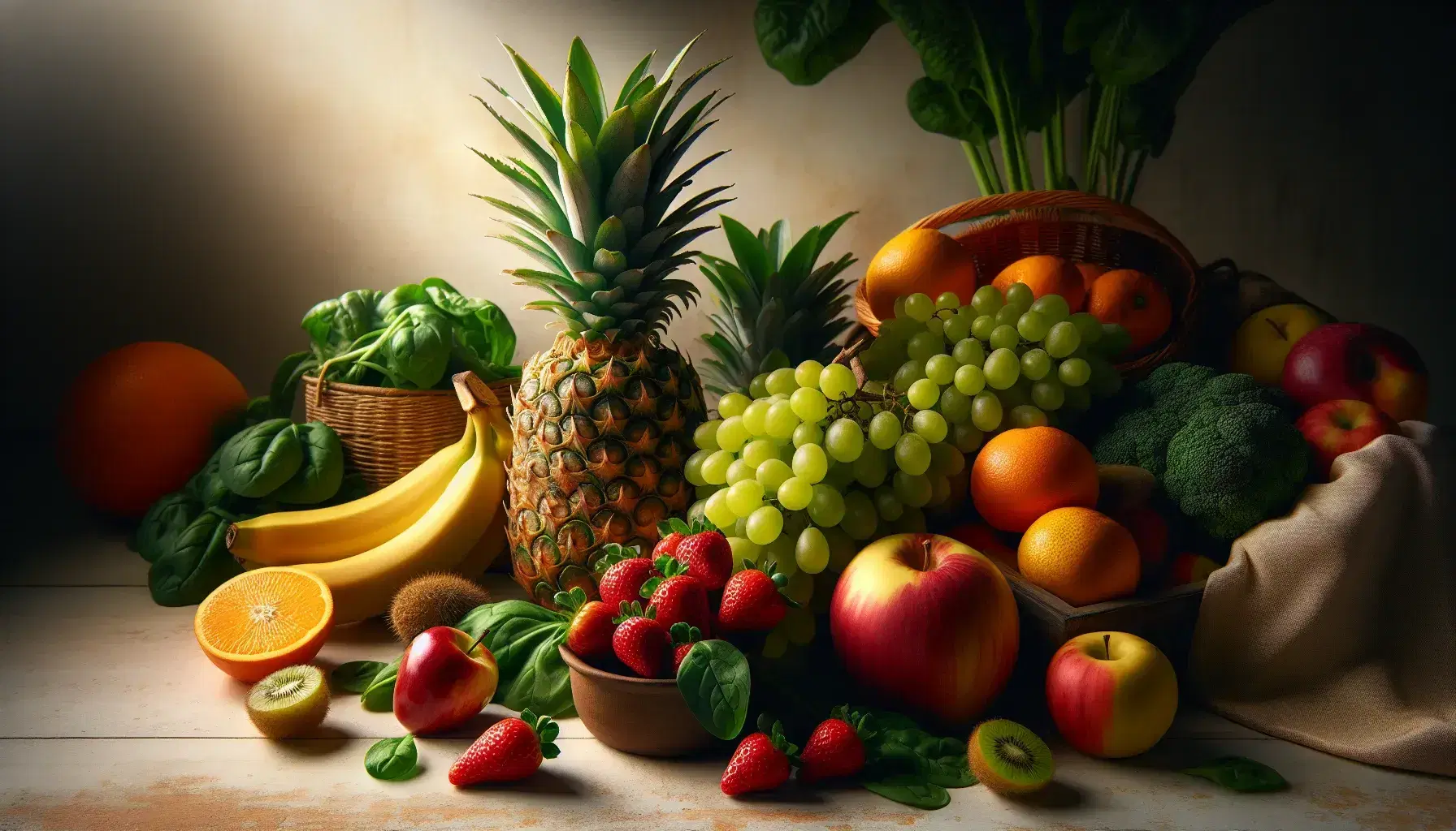 Variedad de frutas y verduras frescas sobre superficie de madera clara, destacando piña, uvas verdes, manzana roja, naranja, banana madura y fresas rojas con espinacas al fondo.