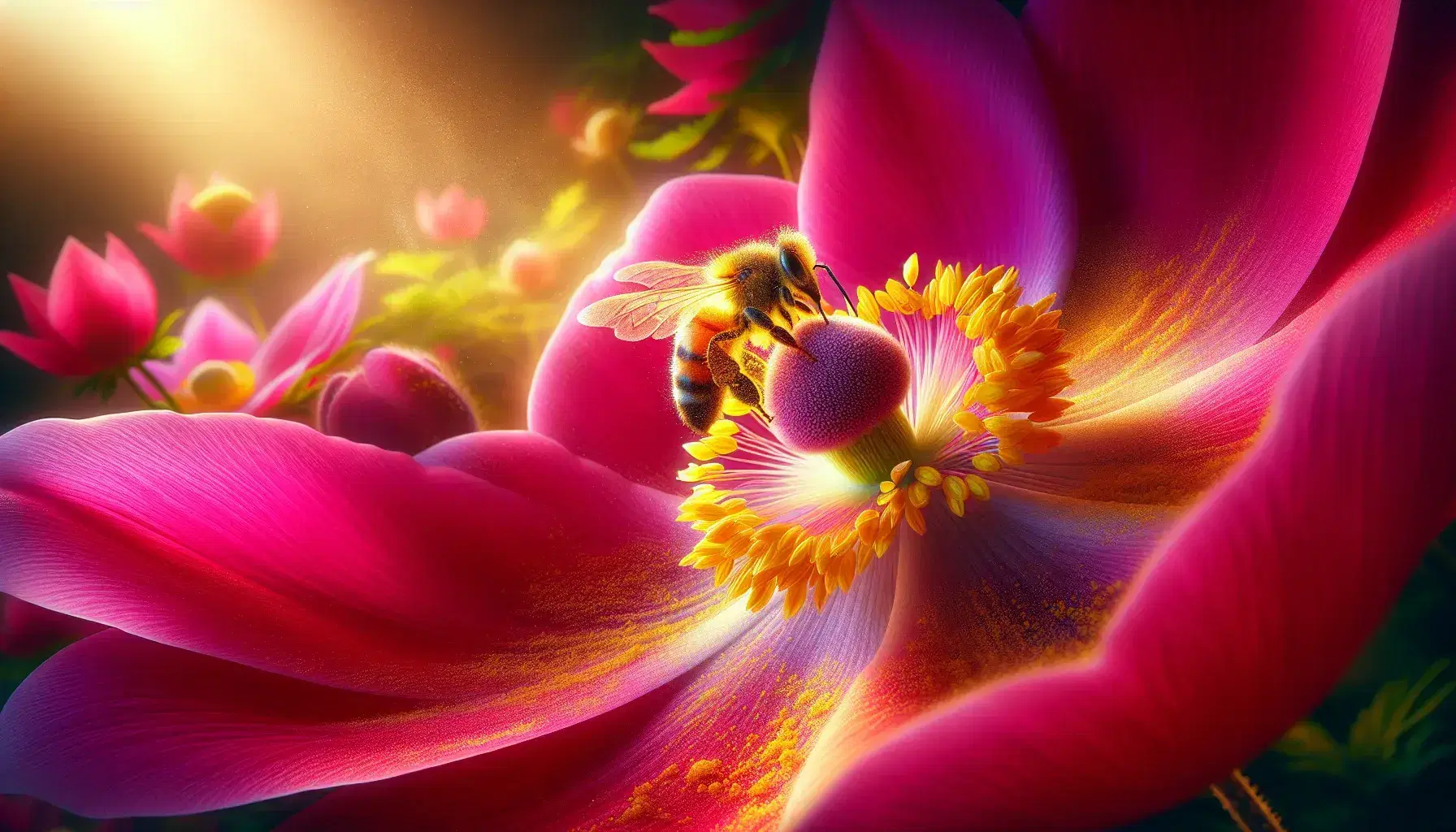 Honeybee in mid-flight pollinating a vibrant pink flower with a ring of yellow anthers and a large central stigma, against a soft-focus garden backdrop.