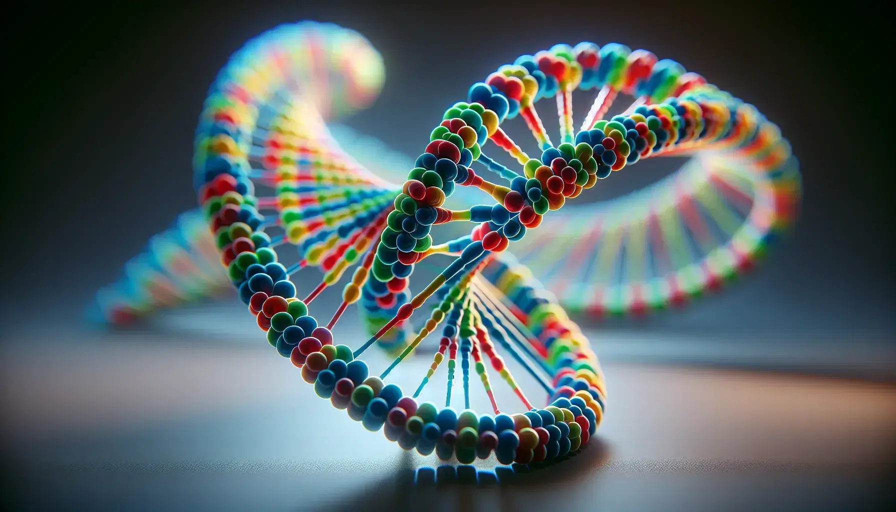 Struttura tridimensionale a doppia elica del DNA colorata artificialmente con gradazioni di blu, verde, rosso e giallo su sfondo scuro.