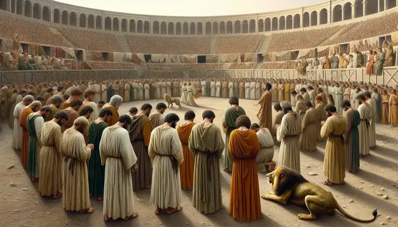 Gruppo di cristiani in preghiera nell'arena romana fronteggiano un leone, con spettatori sfocati sullo sfondo e cielo terso.