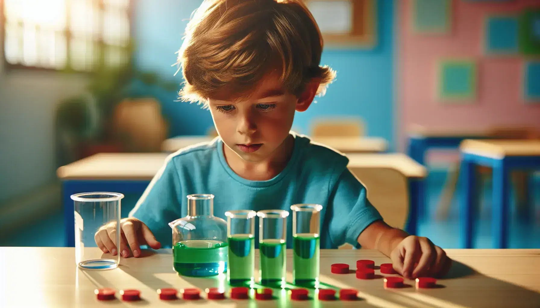 6-year-old Caucasian boy concentrating on a Piagetian conservation task, with light brown hair and a blue shirt, sitting at a wooden table.