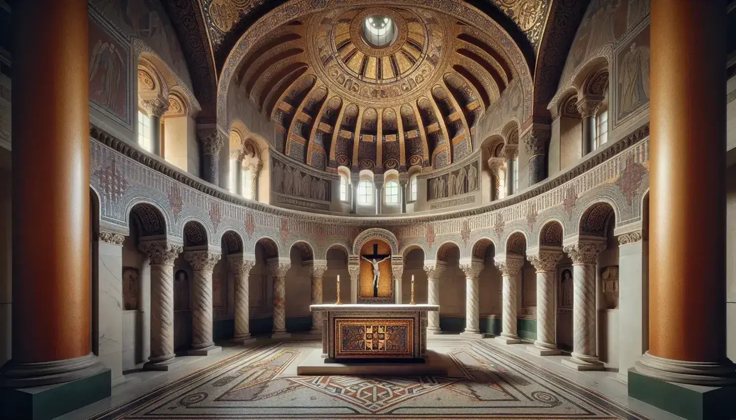 Interno di cappella con altare rettangolare, crocifisso su mosaico dorato, colonne in marmo, volta a botte e lucernario centrale.