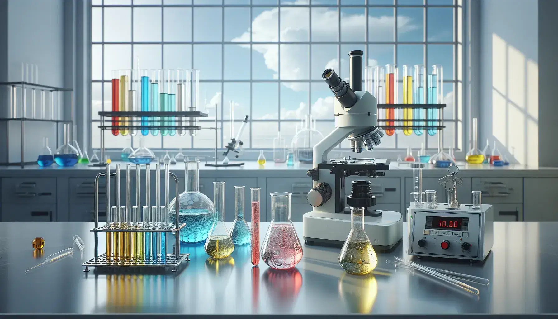 Laboratorio científico con tubos de ensayo de colores en soporte metálico, microscopio, balanza analítica y pipeta, bajo luz natural y cielo azul visible por la ventana.