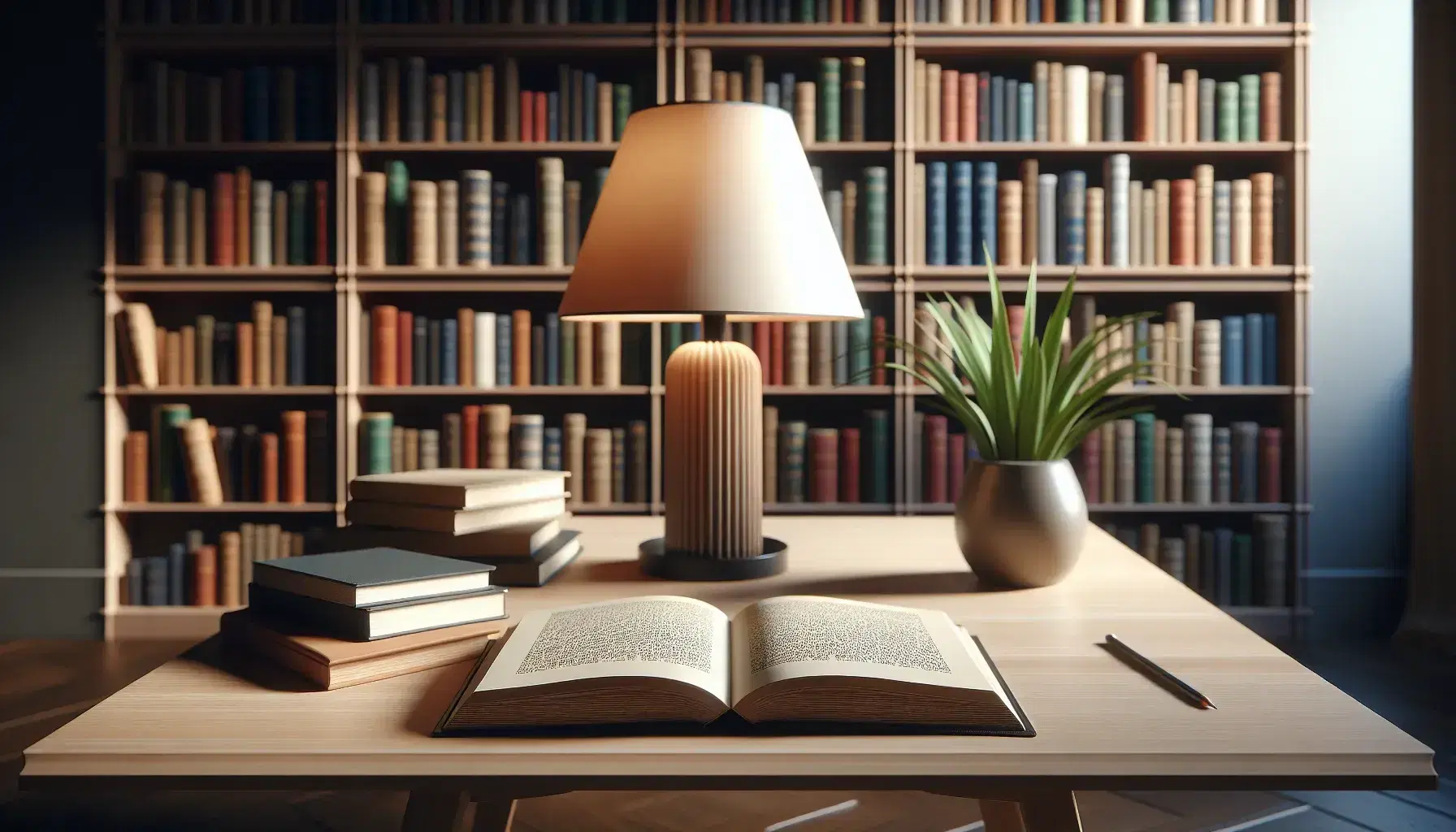 Mesa de madera en biblioteca con libro abierto, lámpara de mesa y planta, estantes con libros de colores al fondo.