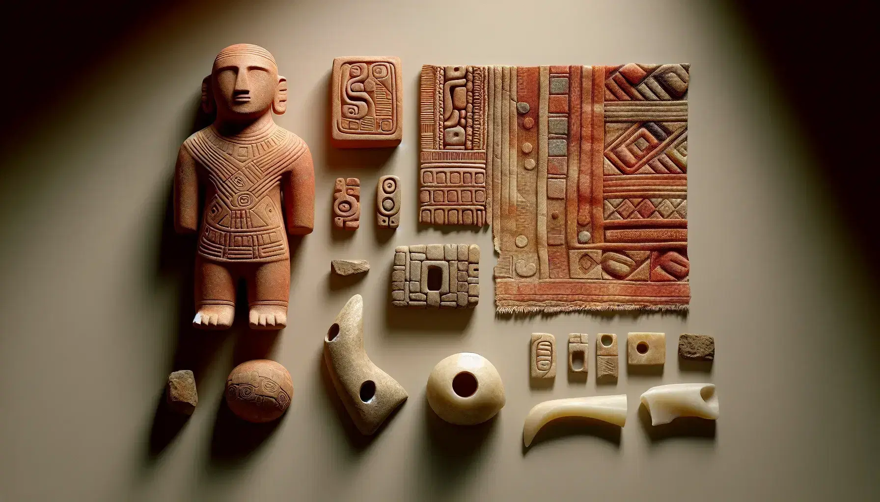 Figura cerámica precolombina terracota, utensilio de piedra tallada, fragmento de tela de fibras naturales y flauta de hueso con orificios, sobre fondo neutro.