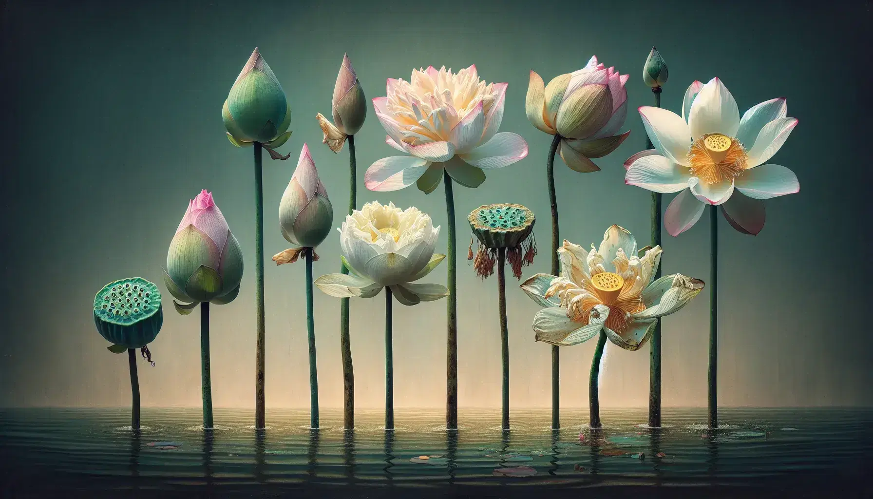 Flores de loto en secuencia de crecimiento sobre agua tranquila, desde capullo verde a flor marchita, con hojas verdes y gotas de rocío.
