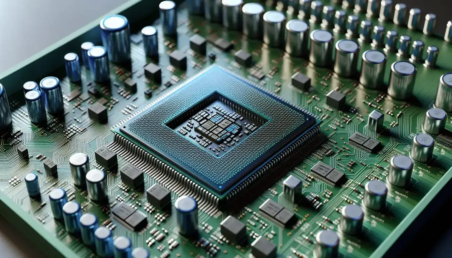 Close-up of a silicon microprocessor on green PCB with colored electronic components and visible silver pins.