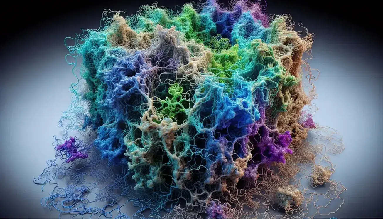 High magnification microscopic view of a network of intertwined fibrous proteins, colored blue, green and purple on a gray gradient background.