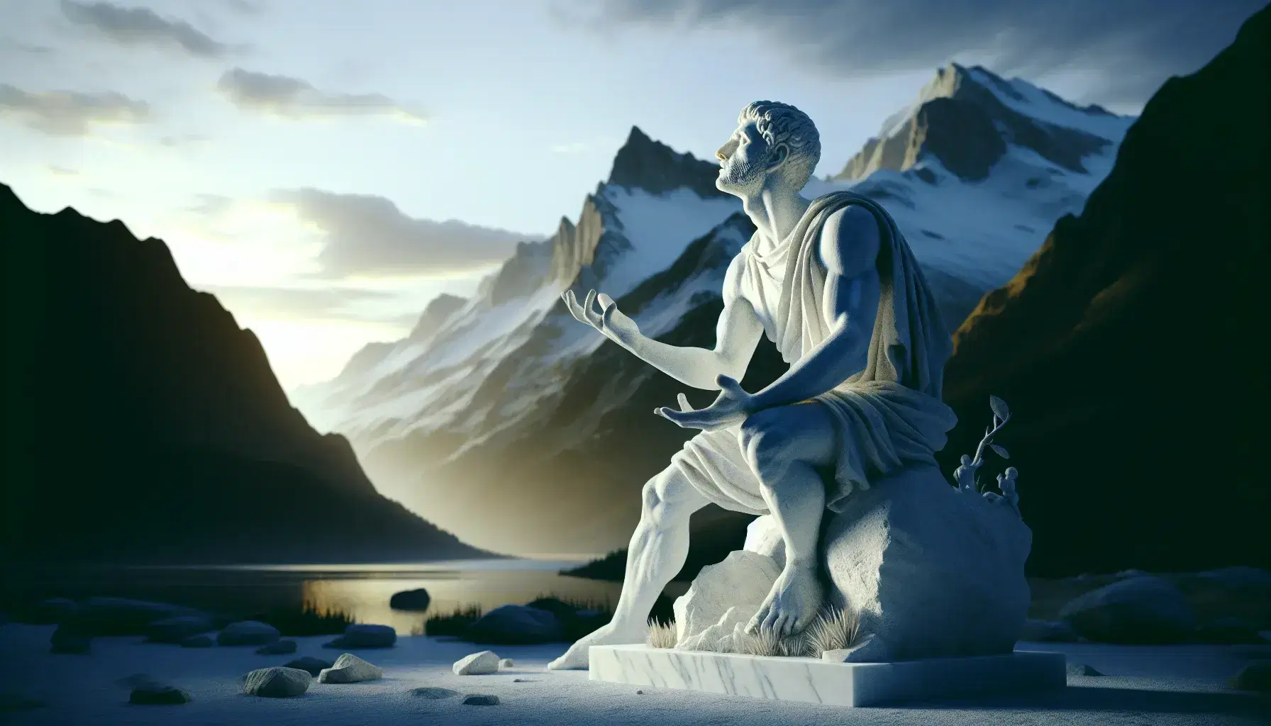 Scultura in marmo bianco di Prometeo seduto su masso, braccia tese verso cielo all'alba, in paesaggio montuoso senza vegetazione.