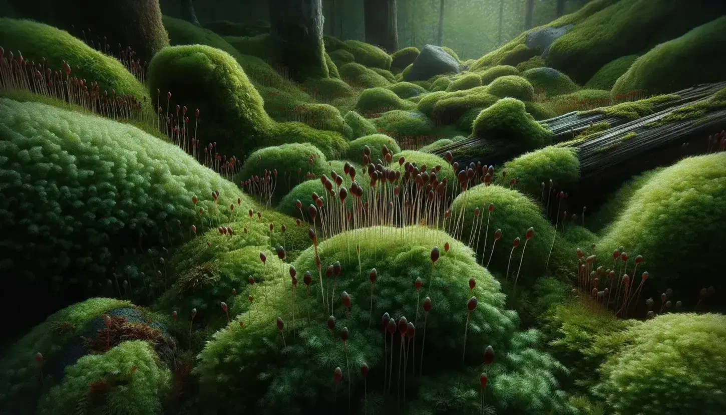 Lush green moss with varying shades covers a forest floor, sporophytes with brown capsules rise among rocks and tree trunks in dappled sunlight.