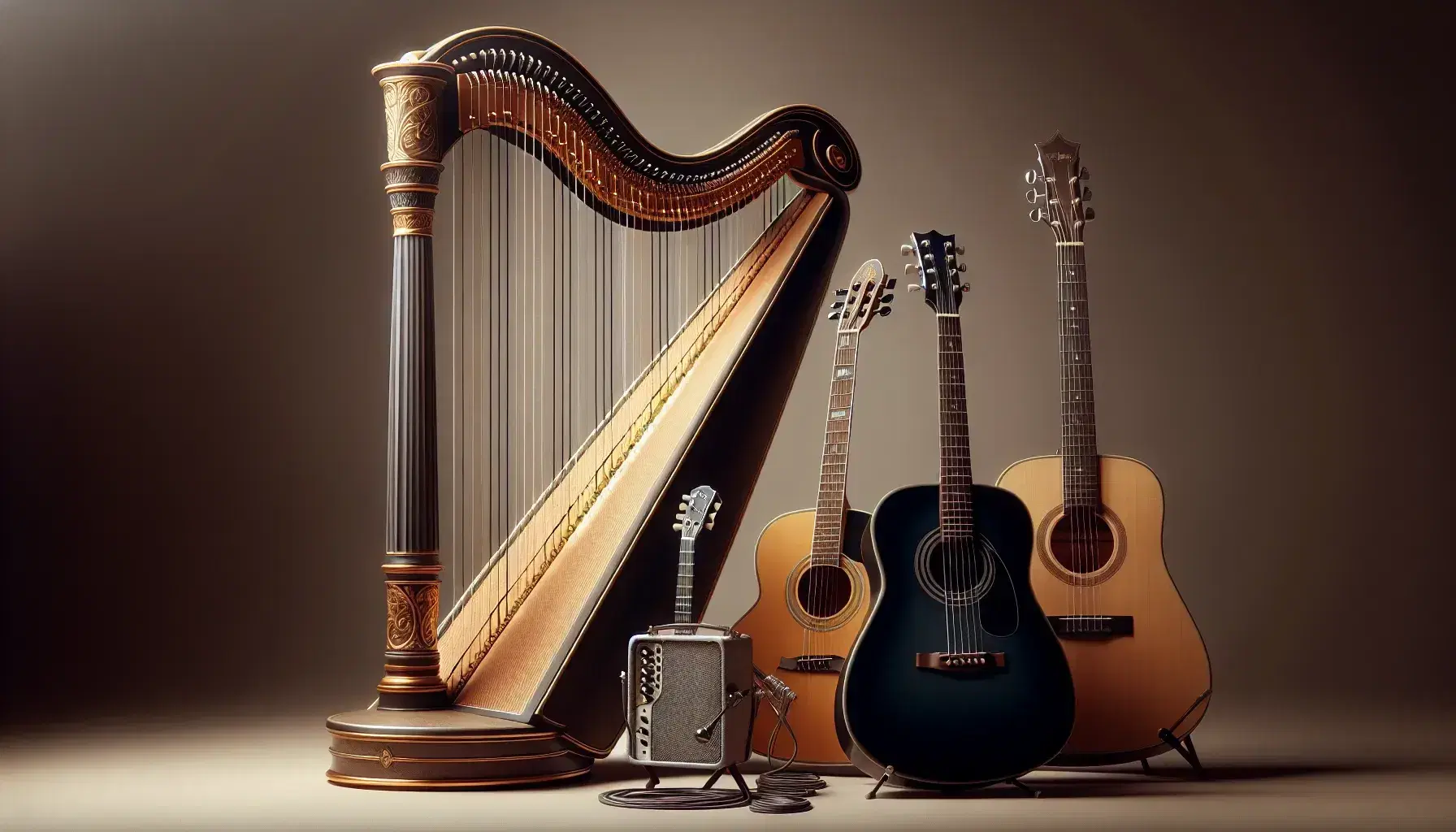 Quattro strumenti a corda pizzicate: arpa classica, chitarra acustica, chitarra elettrica blu e basso elettrico nero su sfondo neutro.