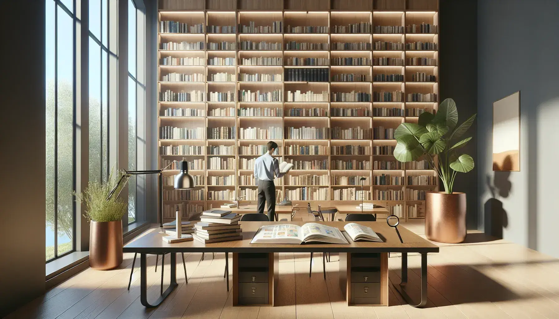 Biblioteca moderna y luminosa con estanterías de madera clara llenas de libros, mesa con libros abiertos y lupa, lámpara encendida y planta verde junto a ventana con cielo azul, persona de espaldas seleccionando un libro.