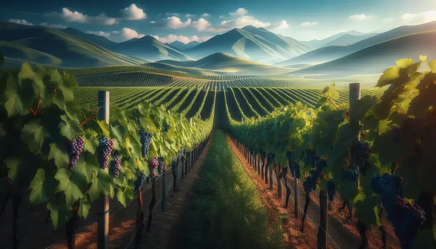 Viñedo floreciente bajo cielo azul con filas de vides verdes y racimos de uvas en maduración, rodeado de montañas suaves en la distancia.