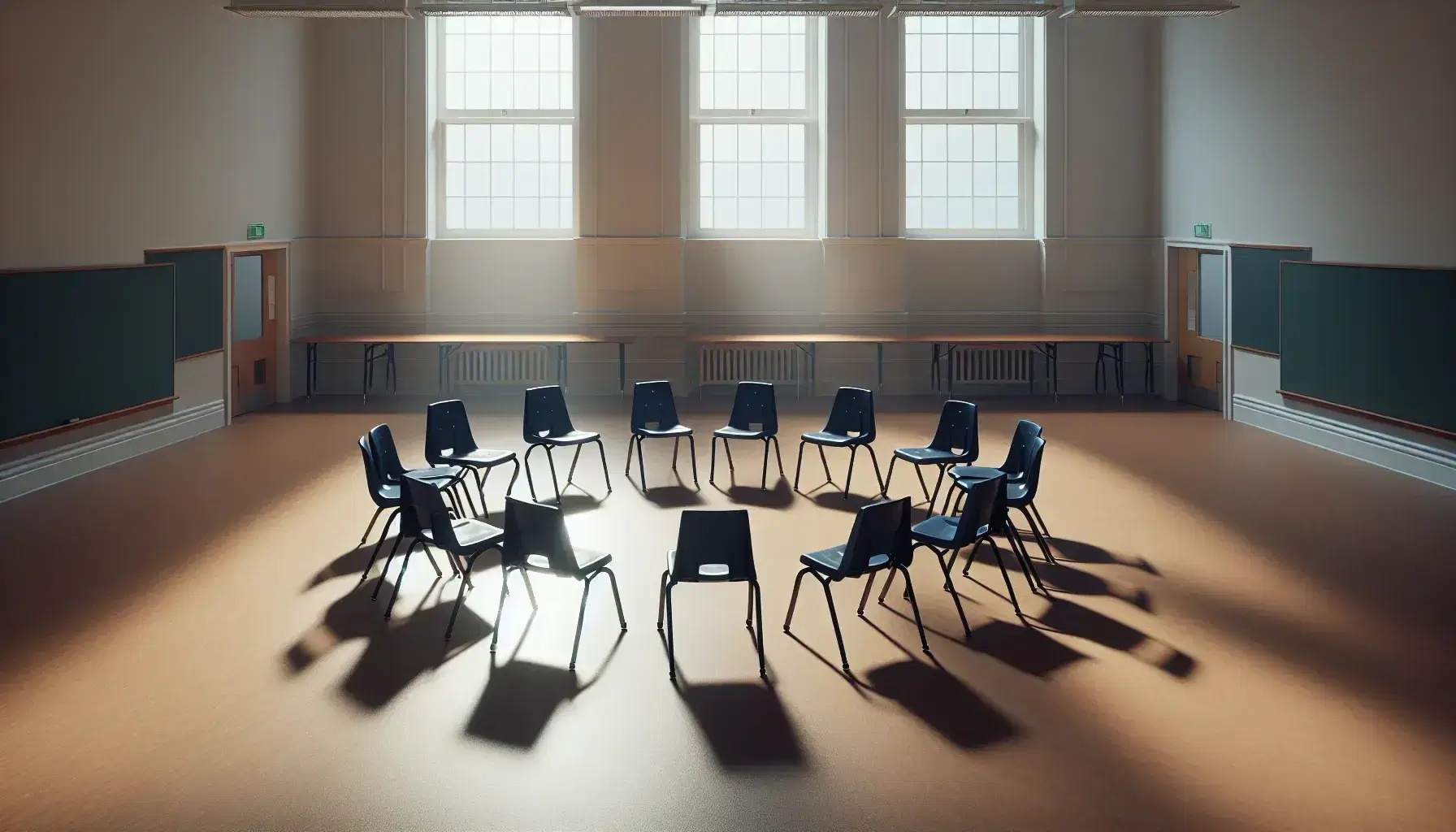 Aula luminosa con pareti chiare e pavimento in legno, circolo di sedie blu vuote al centro per dialogo.
