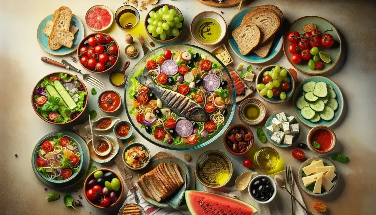 Tavola festiva con dieta mediterranea: insalata mista, pesce grigliato, pasta integrale, pane, olio d'oliva, frutta fresca, formaggi vari e erbe aromatiche.