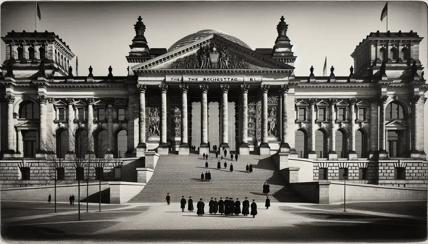Facciata neorinascimentale del Reichstag a Berlino con scalinate, colonne robuste e finestre ad arco, contornata da alberi spogli e figure in abiti d'epoca.