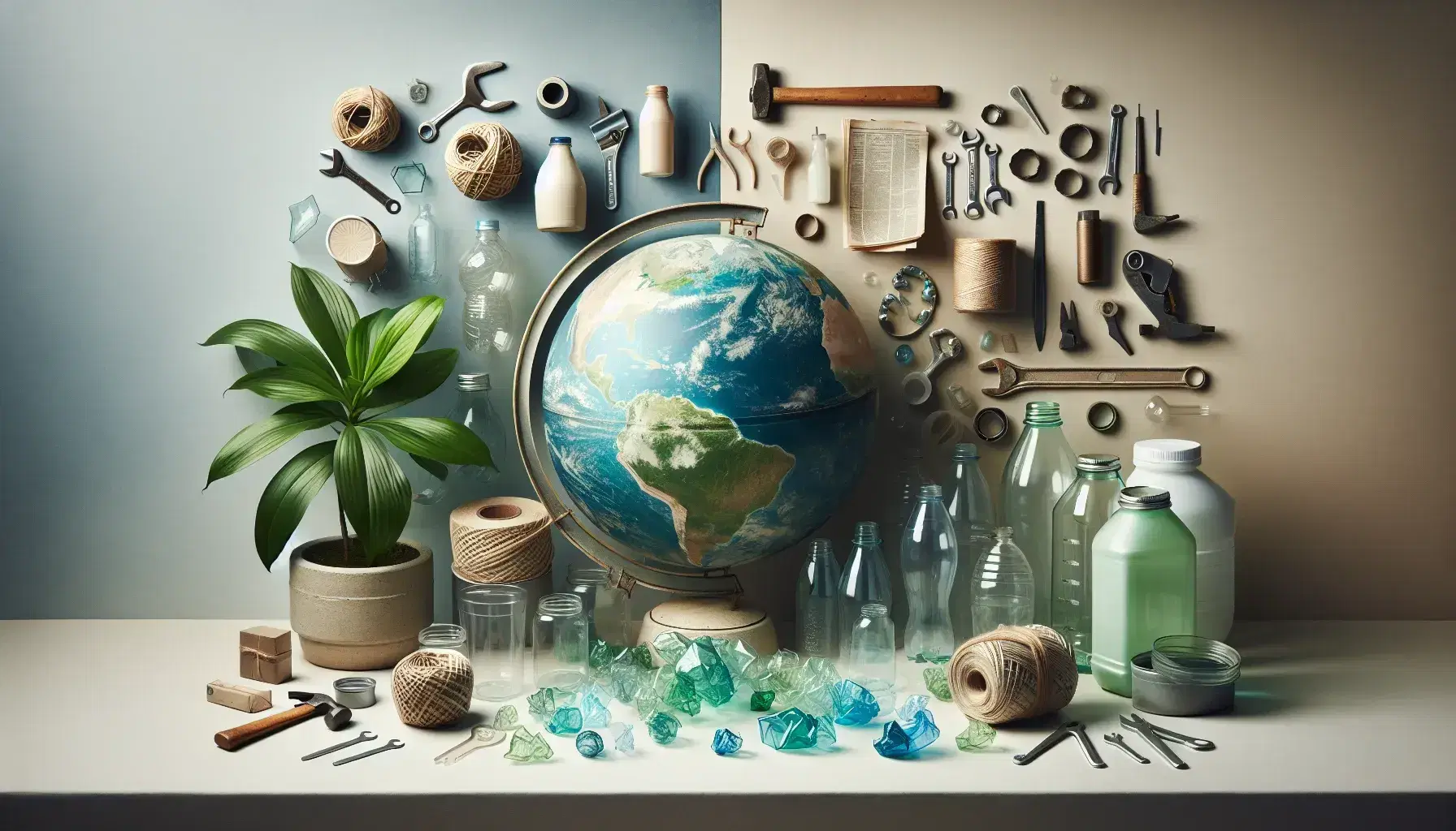 Globo terrestre con oggetti di riciclo come bottiglie di plastica, giornali, contenitori di vetro e attrezzi manuali su sfondo neutro.