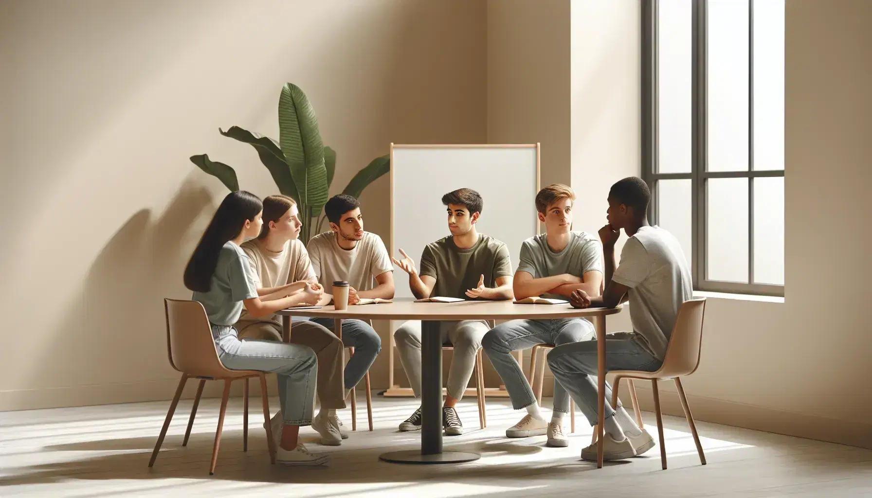 Grupo de cinco estudiantes diversos en animada discusión sentados alrededor de una mesa marrón clara en una sala iluminada con una planta al lado.