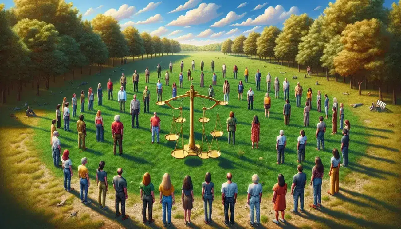 Grupo diverso de personas sosteniendo balanzas de dos platos en equilibrio en un parque soleado, simbolizando armonía y diversidad.
