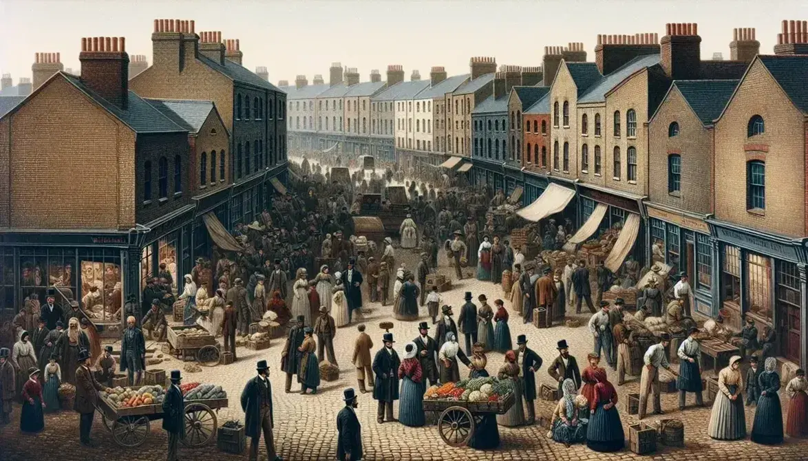 Late 19th-century Whitechapel street scene with diverse crowd in period attire, cobblestone roads, horse-drawn carriage, and brick buildings.
