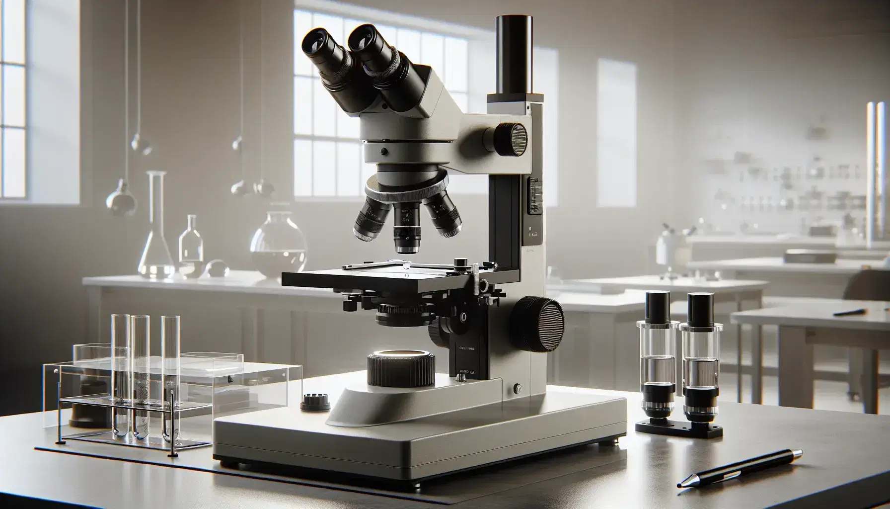 Microscopio óptico de diseño moderno con base negra, brazo vertical y tres objetivos metálicos sobre una mesa de laboratorio, con portaobjetos y muestra biológica.