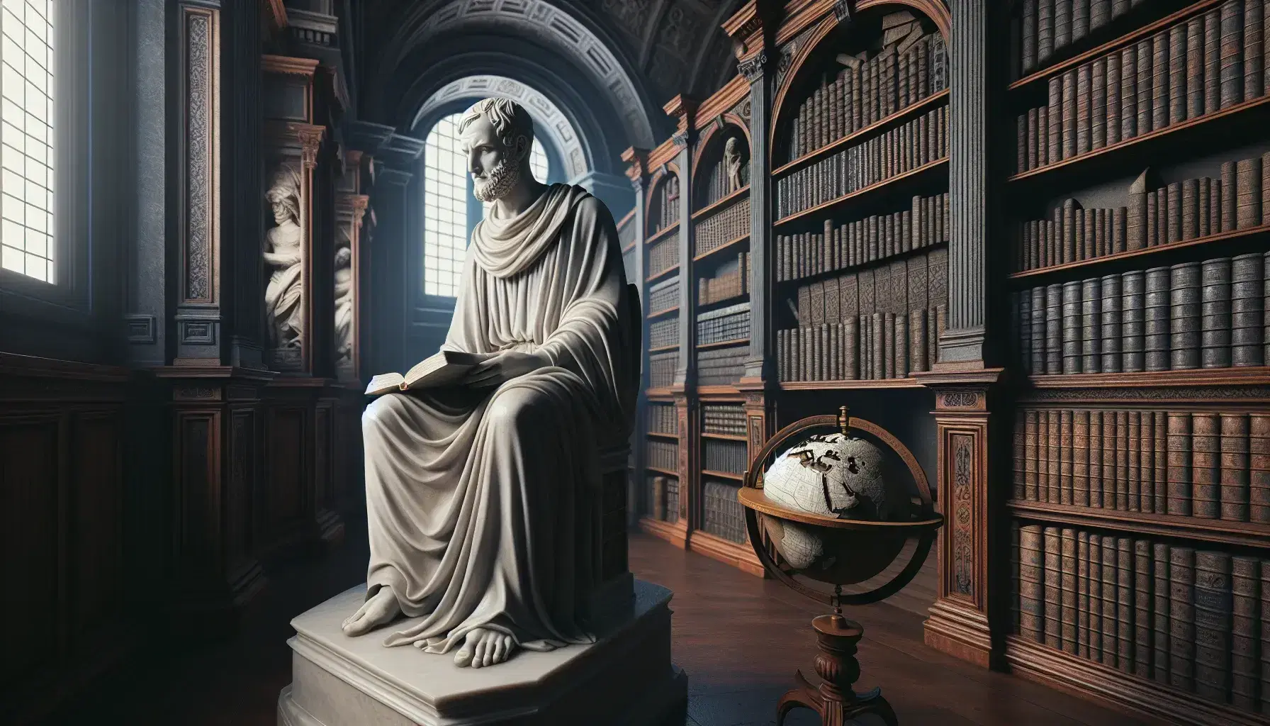 Statua marmorea di filosofo medievale seduto con libro aperto in biblioteca antica, luce naturale da finestra ad arco e globo antico.