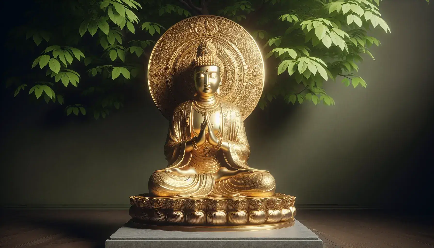 Statua dorata di Bodhisattva in posizione di loto su piedistallo, con gioielli fini, circondata da foglie verdi e fiore di loto parzialmente aperto.