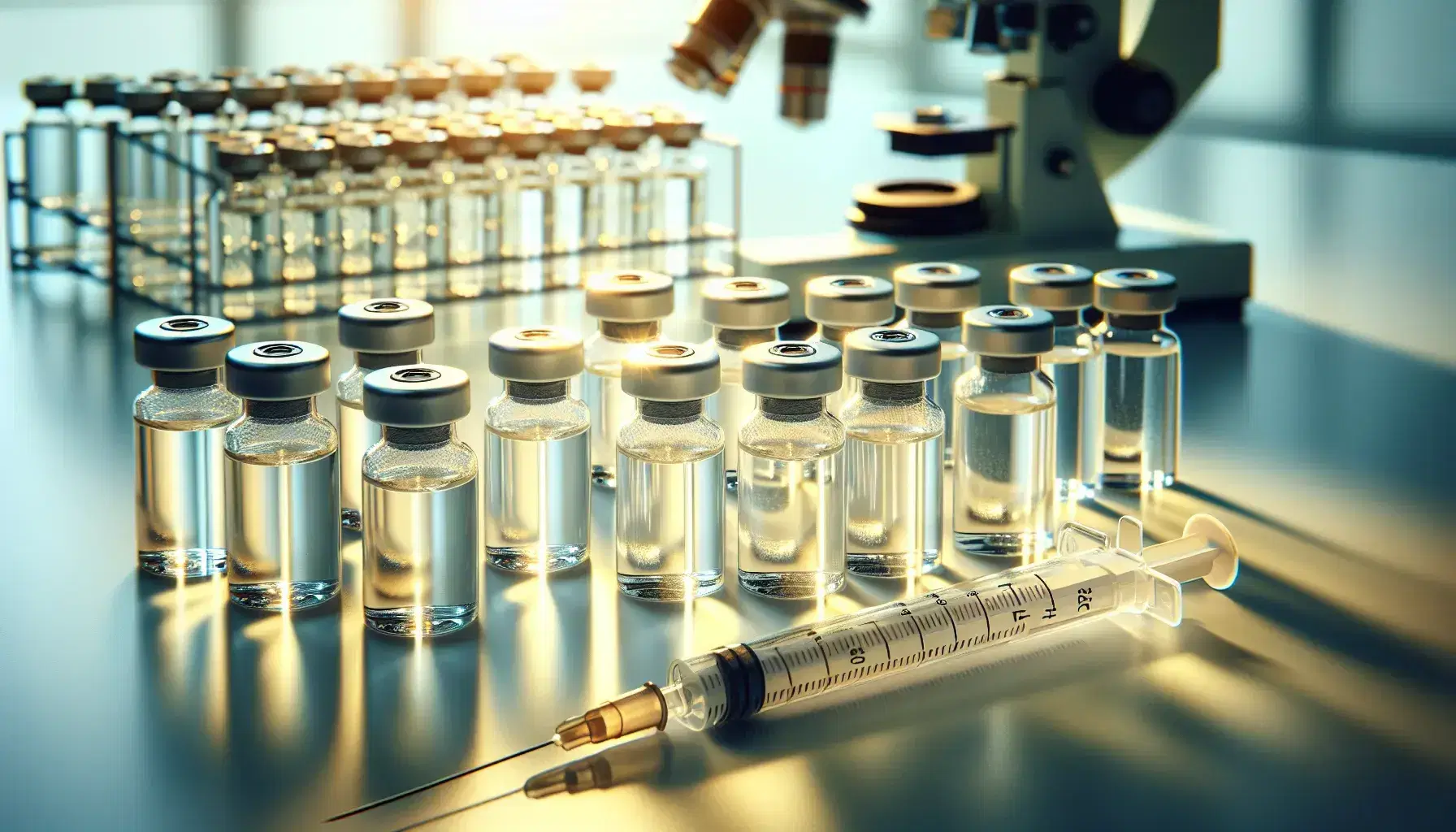 Fiale di vetro trasparente con tappi di gomma e sigilli metallici contenenti liquidi gialli su superficie bianca di laboratorio farmaceutico accanto a siringa con cappuccio.