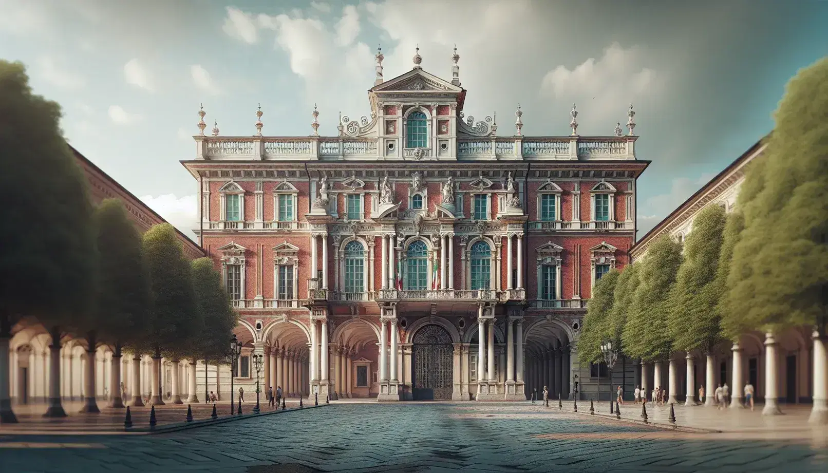 Palazzo Carignano a Torino, facciata in laterizio con decorazioni in pietra bianca, finestre ad arco e balconi in ferro battuto, circondato da piazza lastricata e alberi.