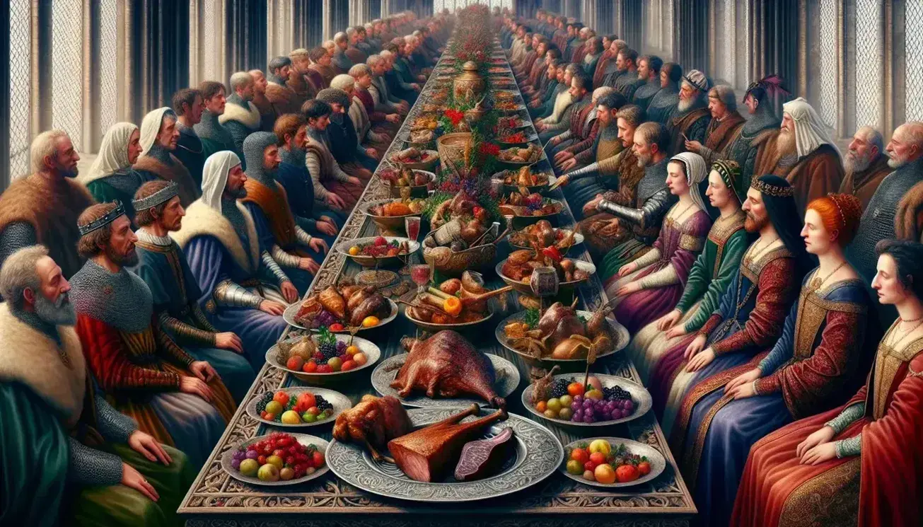 Medieval banquet hall scene with nobles dining on Norman-inspired cuisine, richly dressed in period attire, under candlelit arched ceilings.