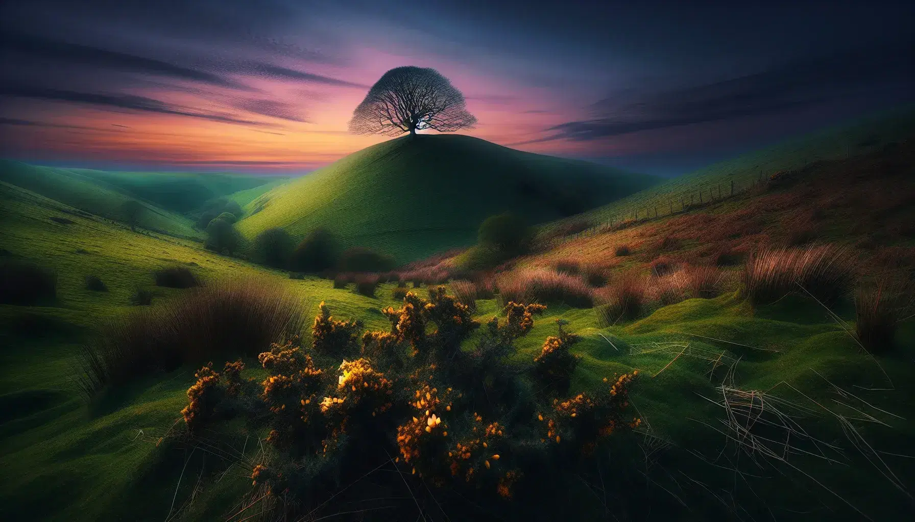 Paesaggio naturale al crepuscolo con collina erbosa, albero spoglio in cima e cielo colorato senza nuvole, in primo piano cespuglio di ginestra fiorito.