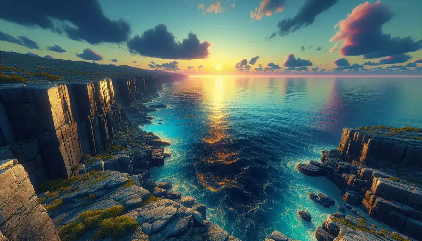 Scogliera rocciosa con vegetazione che si affaccia su mare blu al tramonto, sole arancione parzialmente nascosto da nuvola e riflessi dorati sull'acqua.
