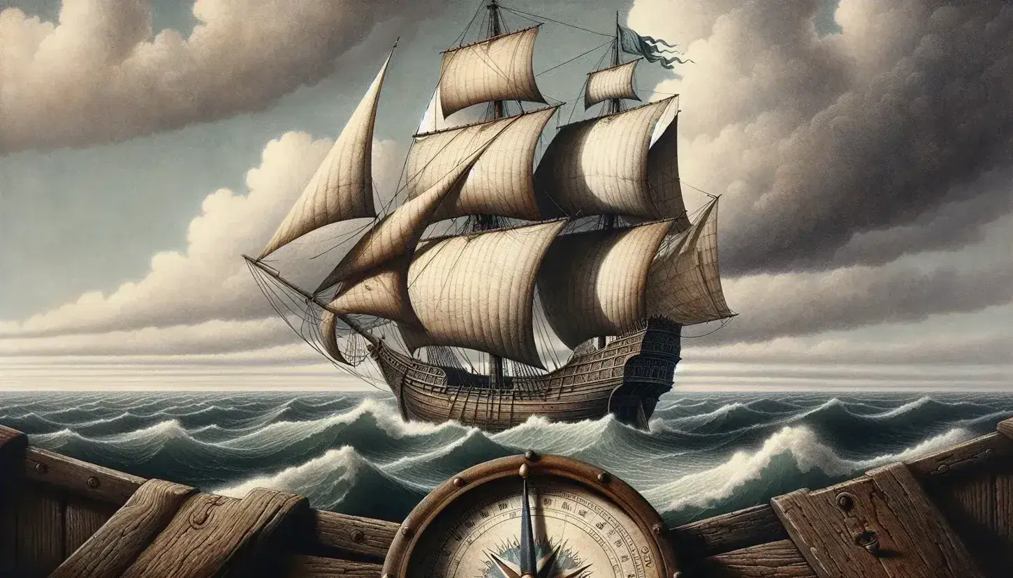 Caravella portoghese del XV secolo in navigazione con vele gonfie, mare ondoso e cielo parzialmente nuvoloso, bussola nautica in primo piano.