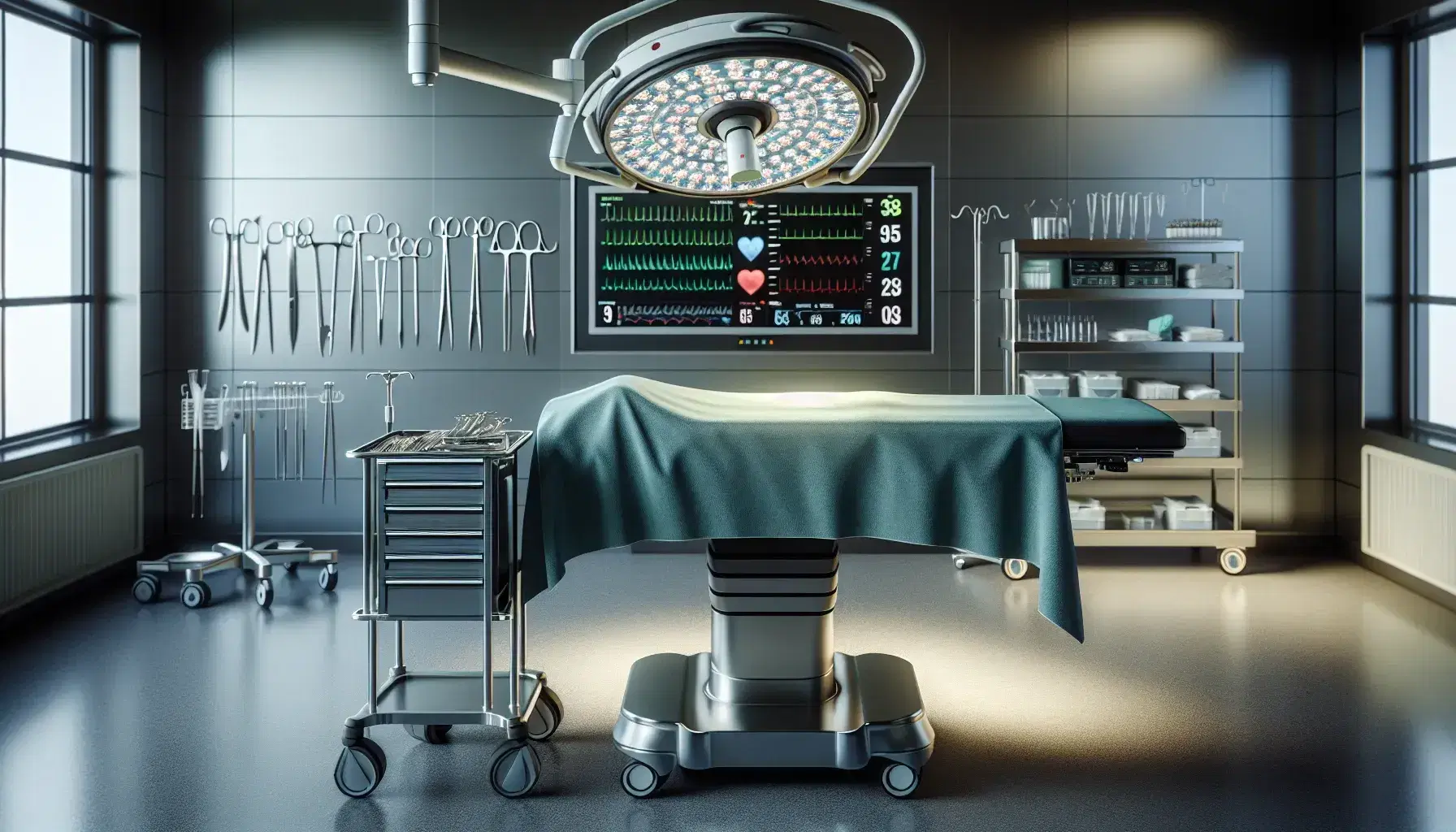 Sala de operaciones moderna con mesa quirúrgica, instrumental quirúrgico en carro de acero, lámpara LED y profesional de salud en atuendo verde.