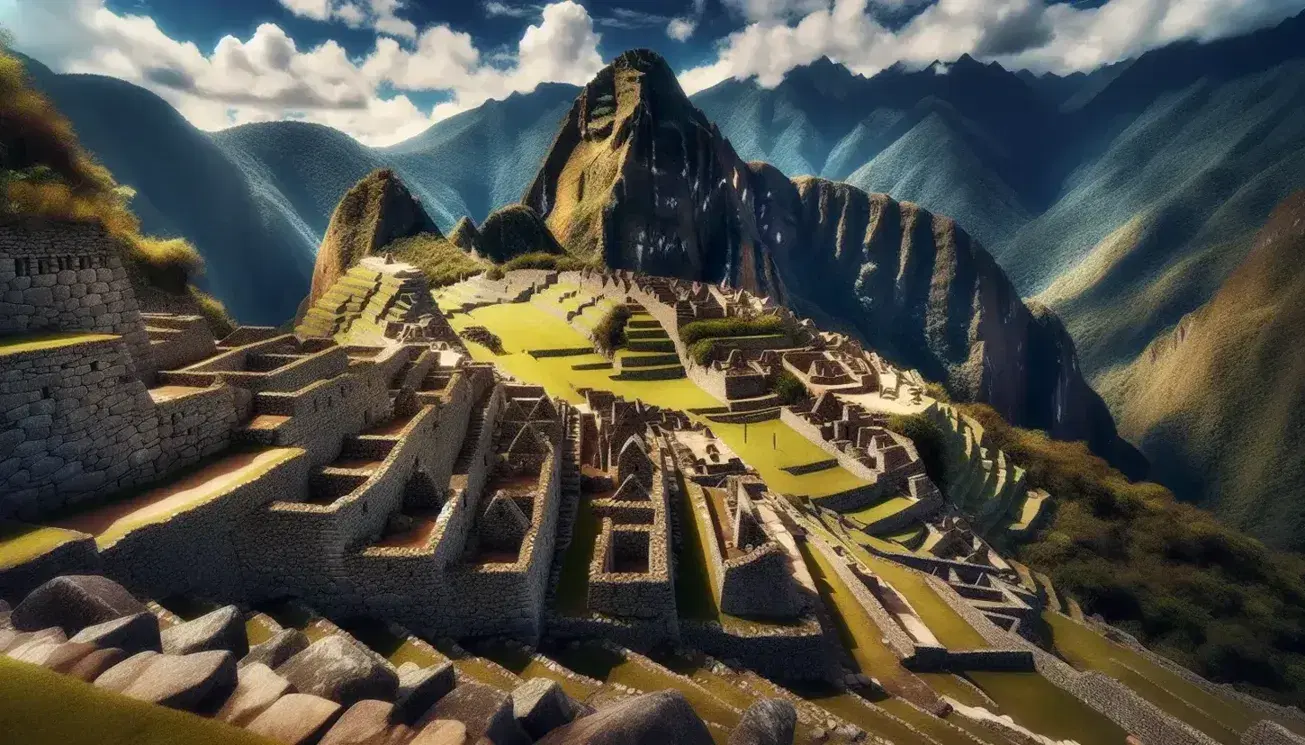 Vista panorámica de las antiguas ruinas de Machu Picchu con terrazas escalonadas y montaña verde al fondo bajo cielo azul.