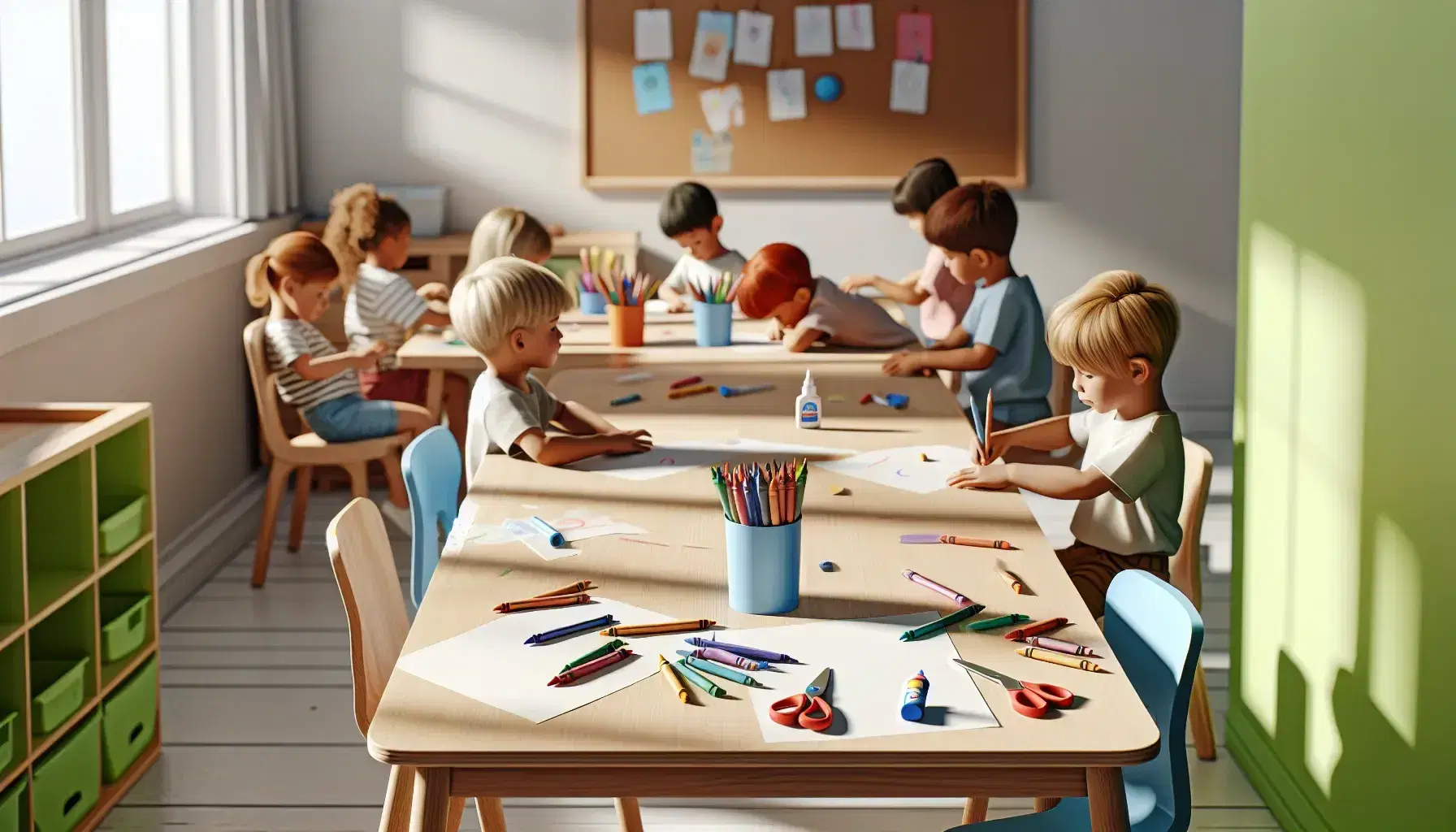 Niños en aula de preescolar participando en actividades creativas con crayones, tijeras y pegamento en una mesa, con estantería de materiales artísticos al fondo y luz natural.