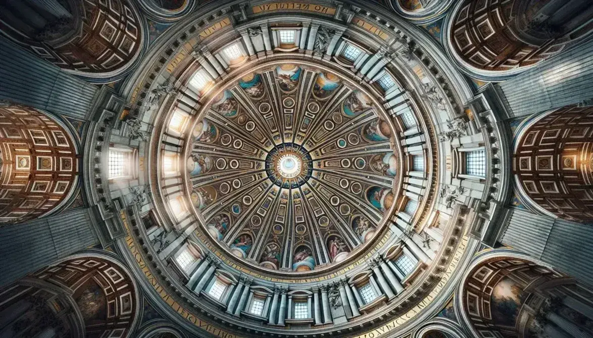 Interno della cupola di San Pietro a Roma, con costoloni in pietra, affreschi di angeli e scene bibliche, e luce naturale che filtra dalla lanterna.