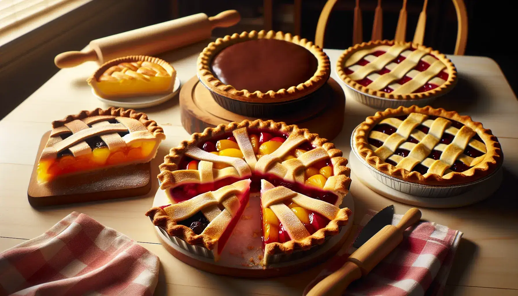 Variedad de pasteles de frutas, chocolate y limón cortados en porciones sobre mesa de madera, con utensilios de repostería al fondo y luz natural destacando los rellenos coloridos.